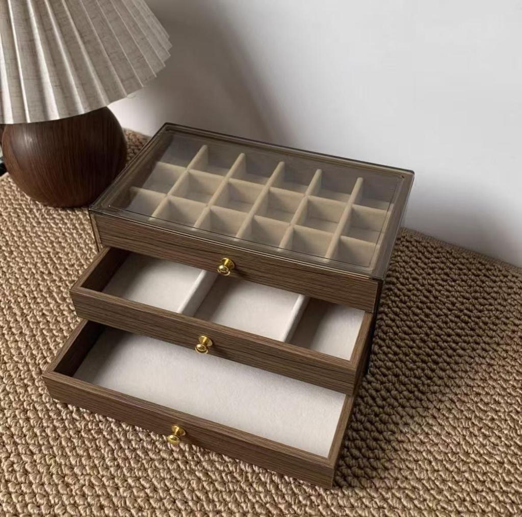 Velvet Walnut Three-Layer Jewelry Box for Earrings, Necklaces, and Bracelets - Large Capacity Display