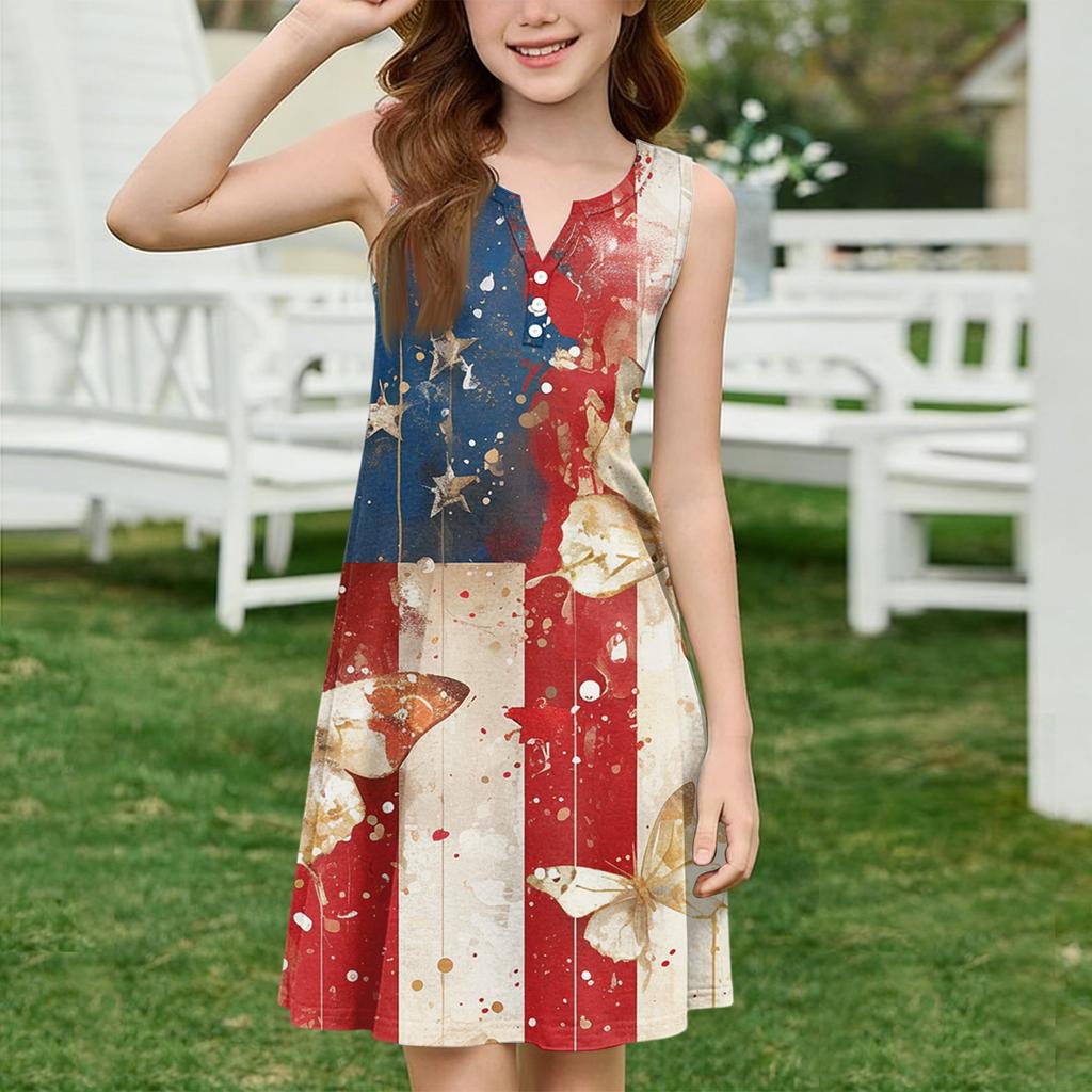 Girl Summer Dress Color & Print Sleeveless Dress With Pocket Casual Dress Sleeveless Party Dress Independence Day