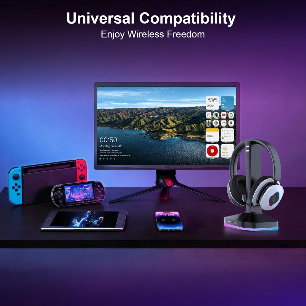 RGB Gaming Headset with Contact Charging Stand, Auto Dock Charging Via Pogo Pins, Tri-Mode BT5.3/2.4G/3.5mm, ENC Mic for PS5 PC