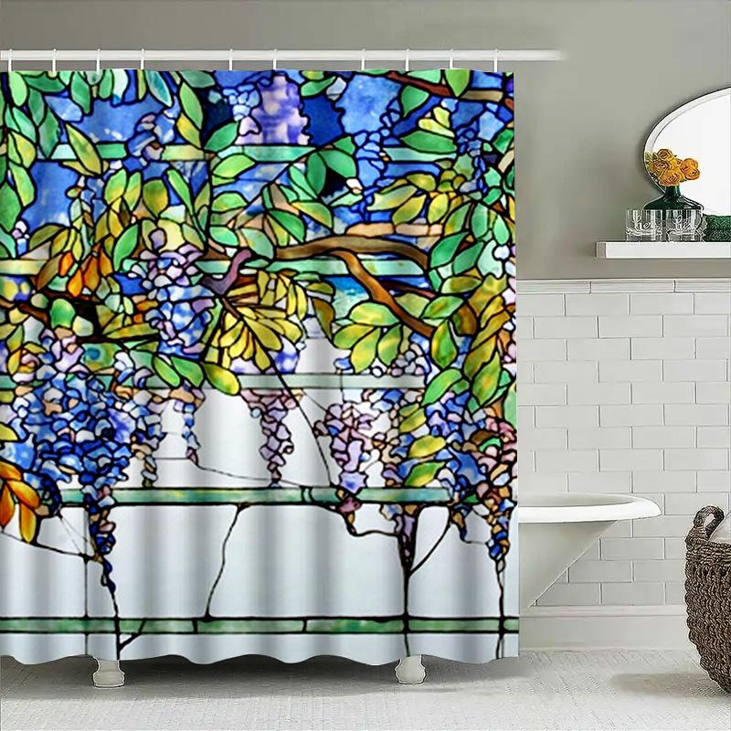 Stained Glass Shower Curtain Colorful Floral Pattern For Bathroom Decoration, Waterproof Fabric Material, Custom Size Available
