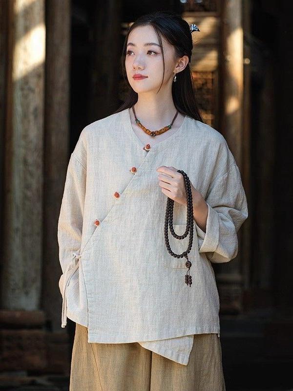 Chinese Zen Artistic Retro Cotton Linen Long Sleeve Shirt - 2025 Spring Autumn Collection: Versatile Loose Slimming Women's Wear