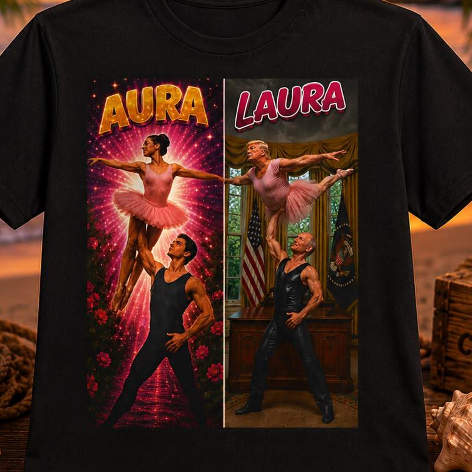Funny Trump Putin Ballet T-Shirt | Aura vs Laura Meme Tee | Political Humor Shirt | Satirical Graphic T-Shirt | Viral Joke Tee XL