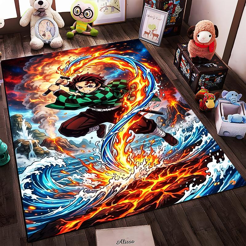 A non-slip rug featuring a flame-sword design in an anime character style, suitable for sofa areas in living rooms and bedrooms.