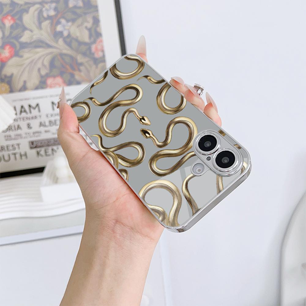 N135 Black Gold Snake Art Phone Case for iPhone 16 15 11 Pro Max Samsung S24 S23 A54 A35 Xiaomi Redmi Note 13 12 Pro Plated Frame Tempered Glass Cover