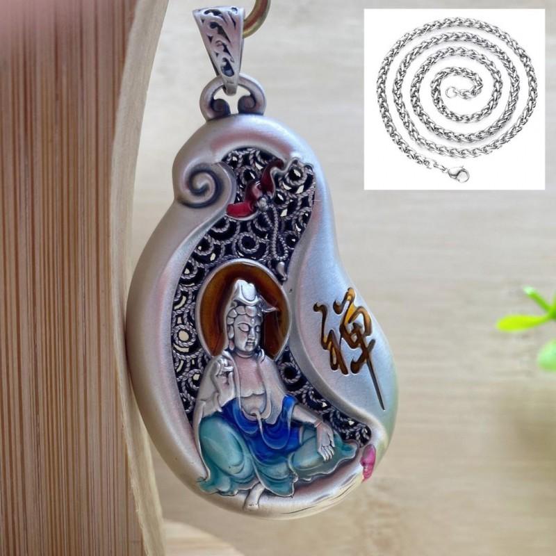 Copper Hollow Carved Guanyin Pendant Necklace Men Women Vintage Style Religious Charm With Chain