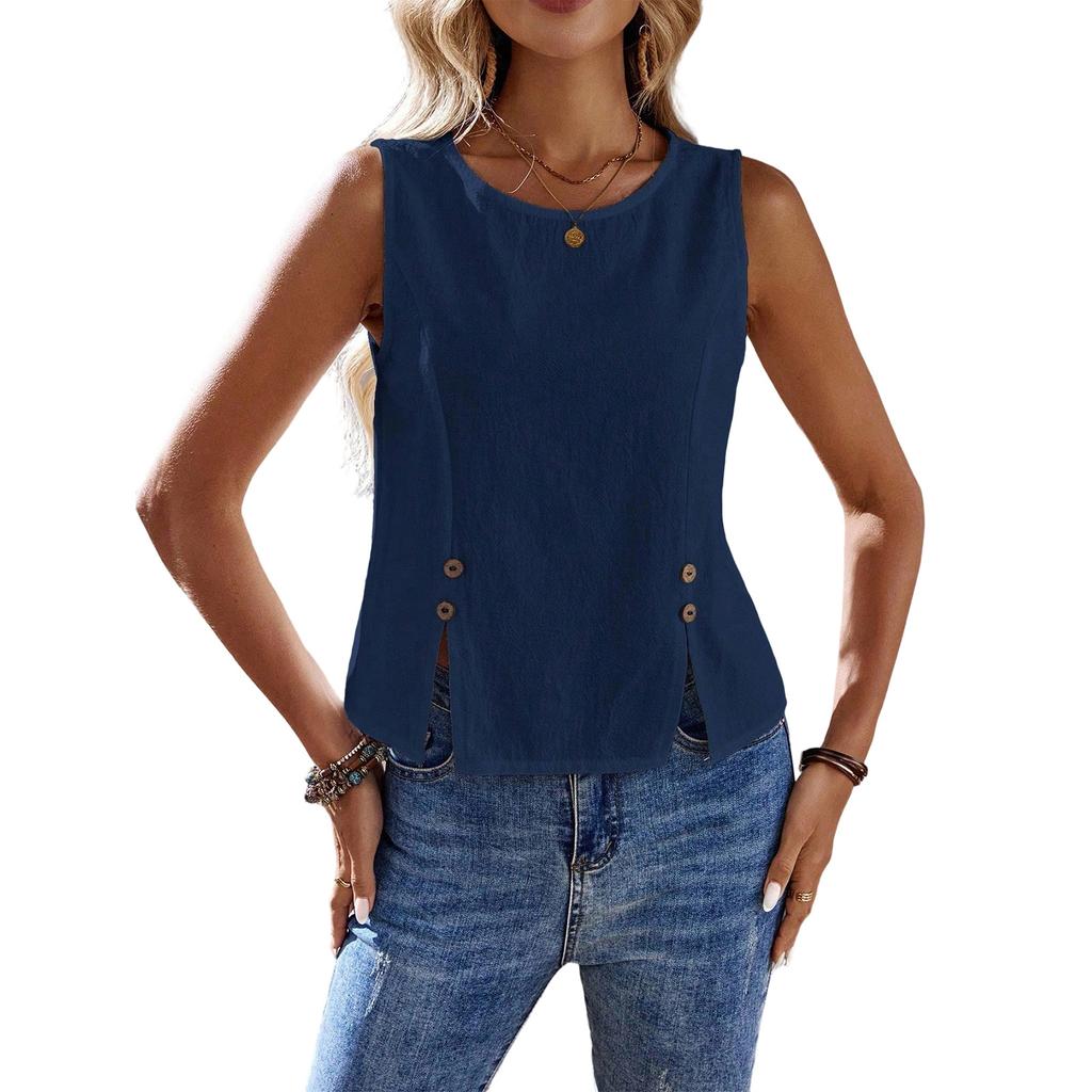 Women's Casual Fashion Round Neck Sleeveless Split Button Short Vest Cotton Linen Shirt Top