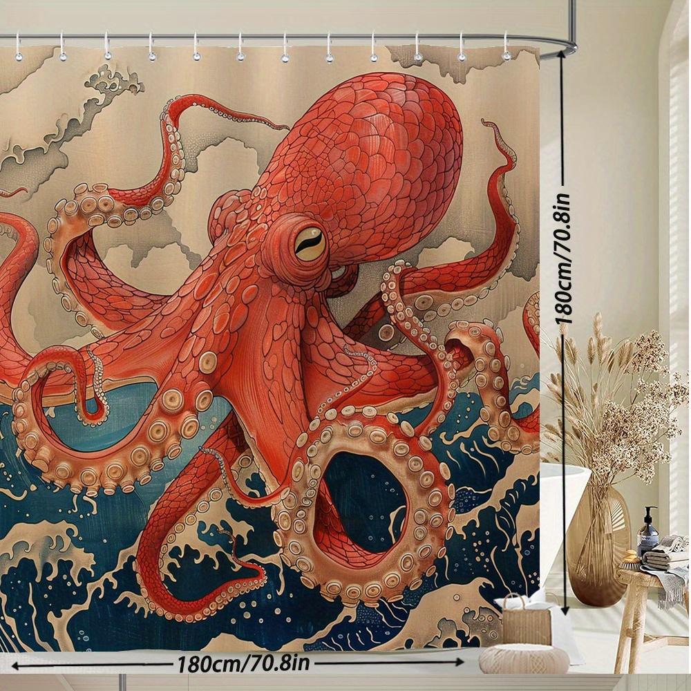 Japanese Ukiyo-E Octopus Shower Curtain – Vibrant Art, Intricate Tentacles, Expressive Eyes & Dynamic Waves, Polyeste,