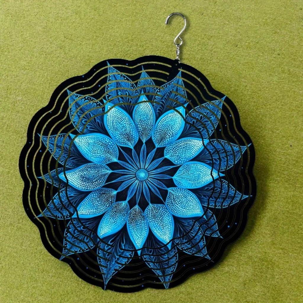 25,4 cm Mandala Blume Metall Windspiel - Langlebiger Hängespiral mit blauem & goldenem Design für Innen-/Außen-Garten- und Terrassendekoration