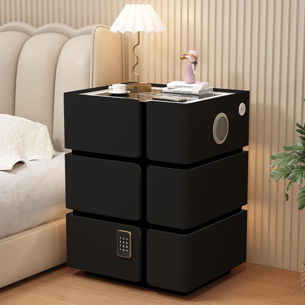 Solid Wood Smart Bedside Table with Wireless Charging, Modern Minimalist Design, Three-Layer Storage, Floor-Standing for Small Apartments.