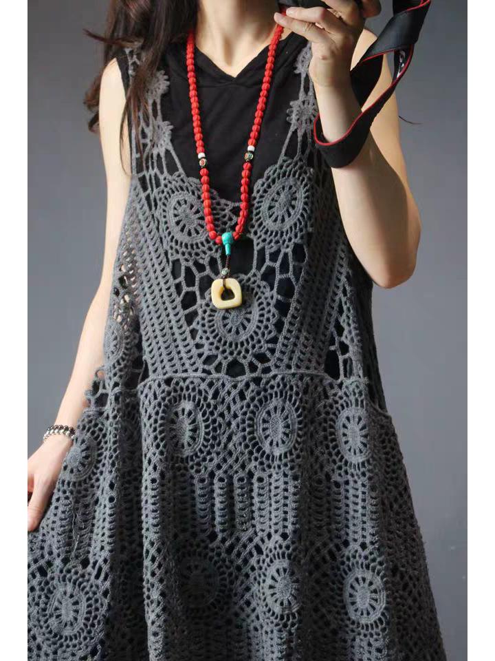 Women's Long Crochet Khaki Vest - Retro Loose Summer Waistcoat