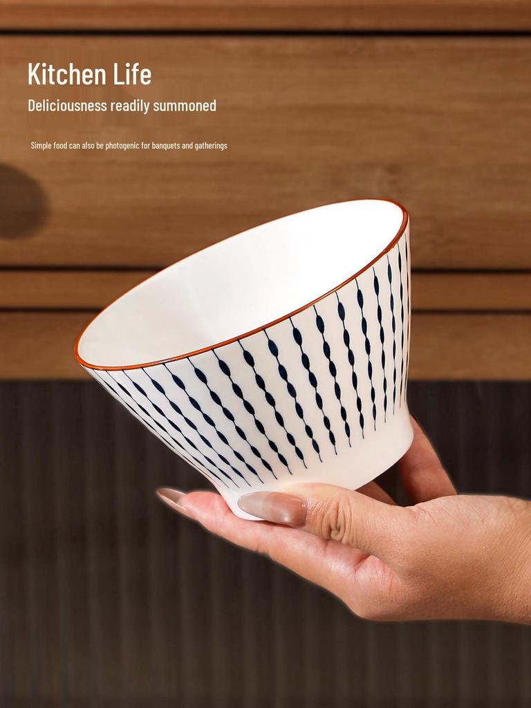 Set of 8 Japanese-Style 5-Inch Ceramic Rice Bowls for 2025, High-Footed Conical Hat Design for Home Use.