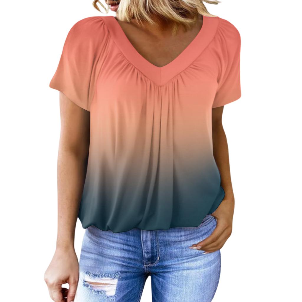 Women's Casual Color V-Neck Pleated Gradient Print Short-Sleeve Top