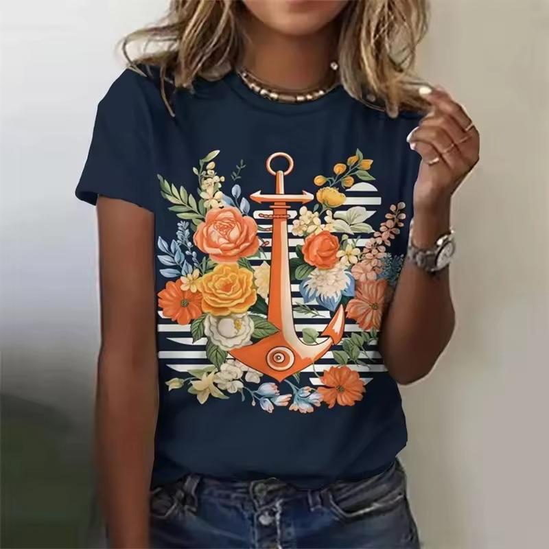 Summer Round Neck 3D Flower Boat Anchor Print Top Fashionable Casual Short Sleeved Women's T-shirts