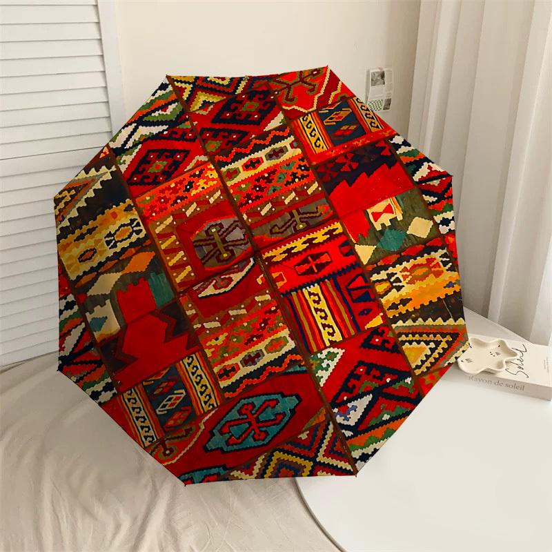 1pc kilim patchwork Automatic Open/Close Umbrella with Windproof, 8-Rib Sturdy Canopy, Durable Ribs, Fashionable Design1178A