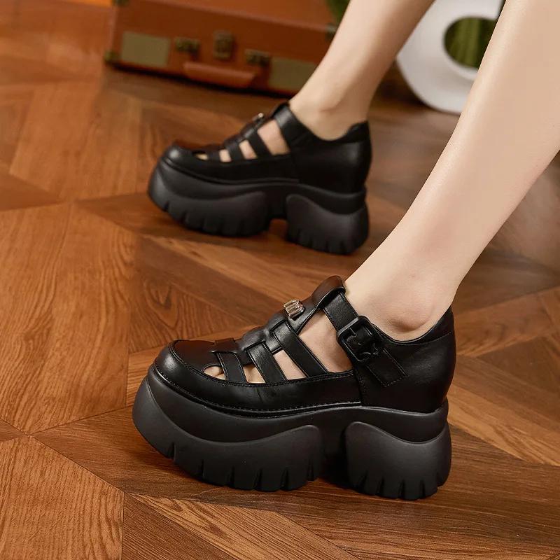 Fashion 9CM Weave Synthetic Microfiber Leather Pumps Platform Wedge Hook Summer Women Hollow Sandals Flats Women Slippers Fashion Shoes