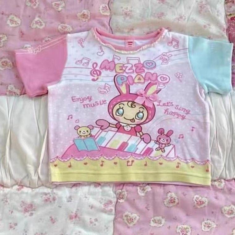 

Летние женские футболки Японские футболки Круглый вырез Короткий рукав Каваи Аниме принт Милые Субкультура Y2k Топы Мультяшная Сладкая футболка Шик S синий