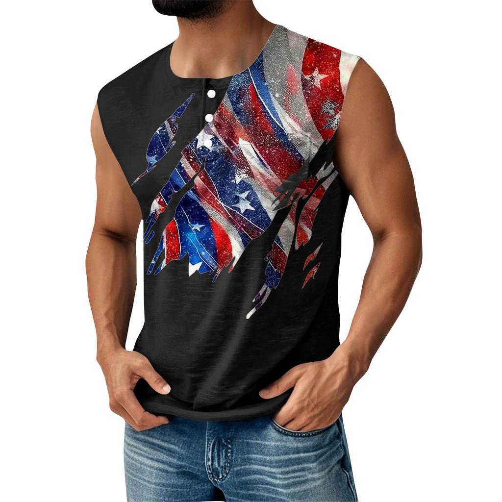 Men's Summer Independence Day Printed Sports Button Pocket Sleeveless Tank Top