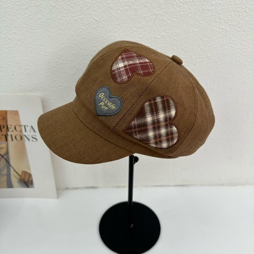 Plaid Splicing Letter Octagonal Hat Versatile Sunshade Spring and Autumn Cute Beret Showing Small Face Big Head Circumference Newsboy Hat
