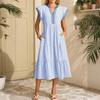 Abito Midi a Strisce da Donna Manica a Sbuffo a Cappuccio Scollo a V Svasato Lungo Abito Estivo per Vacanze al Mare Abito a Sbuffo Fluttuante