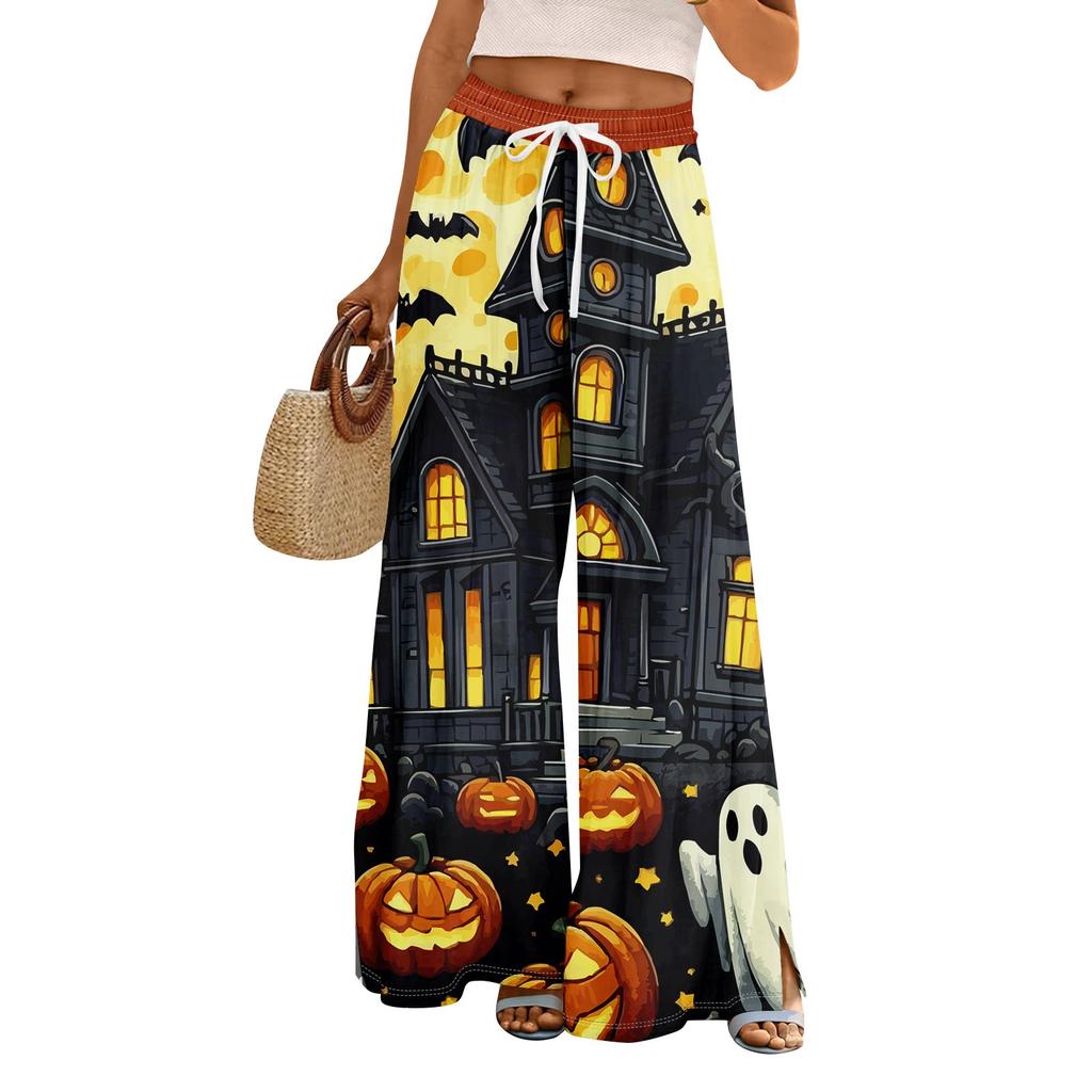 Women Summer Boho Palazzo Pants High Waist Wide Leg Halloween Printing Casual Trousers With Pockets