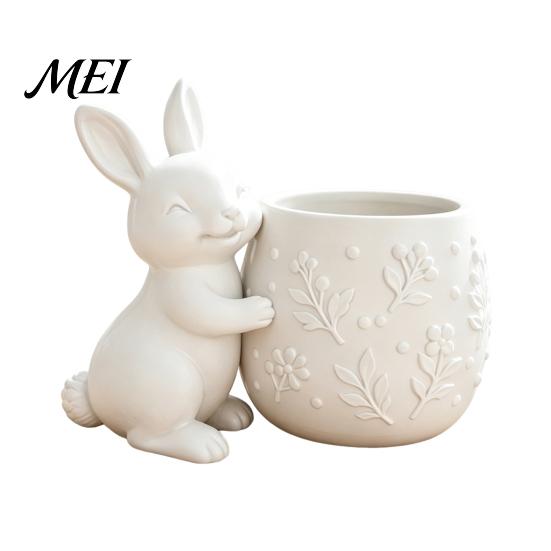 Mini Flowerpot 3D Printed Bunny Hugging Succulents Planter, Cute Rabbit Flower Pot with Embossed Desktop Ornament Planter Floral Body, Desk Decor for