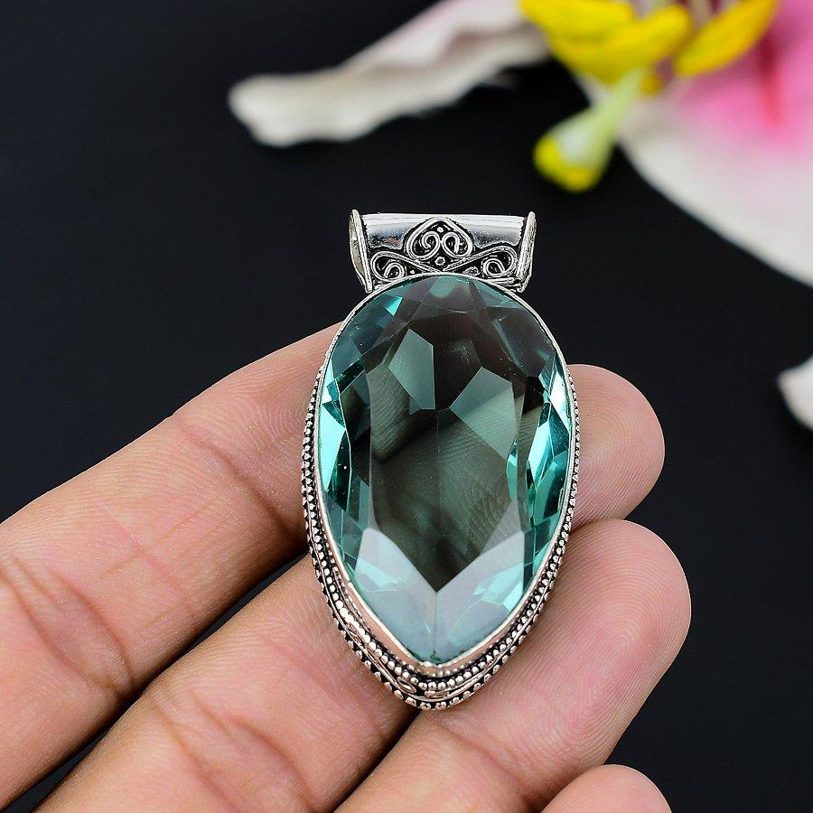 Aqua Apatite Gemstone Handmade 925 Sterling Silver Jewelry Pendant 2.56" KG-108