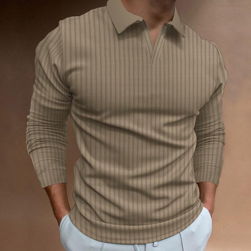 

Men s Sports & Fitness Casual Stand Collar Stretch Vertical Stripe Long-Sleeved V-Neck Polo Shirt 2XL хакі