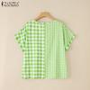ZANZEA Women Casual Round Neck Plaid Print Summer Short Sleeve Blouse