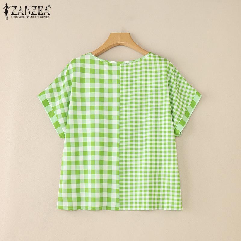 ZANZEA Women Casual Round Neck Plaid Print Summer Short Sleeve Blouse