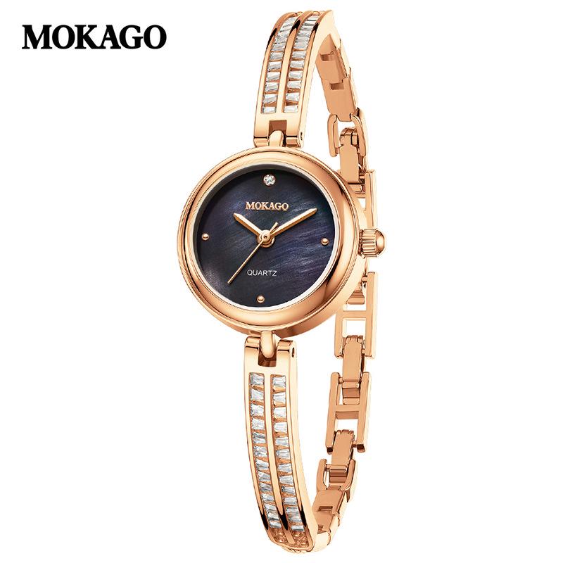 Mokago Women s Elegant Waterproof Alloy Quartz Watch with Mother-of-Pearl and Diamond Inlay чёрный/розового золота