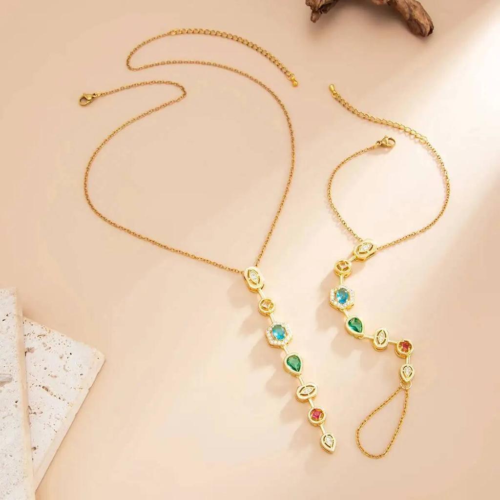SHIXIN Stainless Steel Colorful Rhinestone Necklace Connected Finger Ring Bracelets Set Wome Exquisite Daily Jewelry Accessories