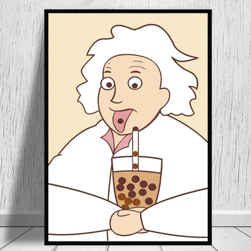 Funny Mona Lisa Bubble Tea Famous Portrait Cartoon Painting Art Print Poster Wall Living Room Home Decor