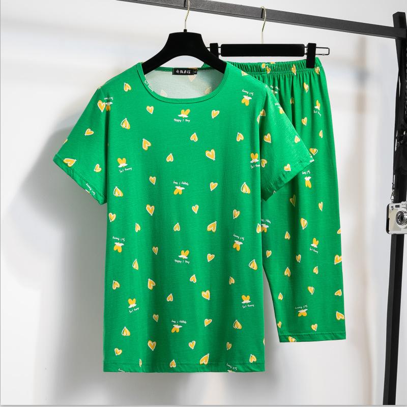 

Летний женский костюм больших размеров, пижамные брюки с цветочным принтом, мягкая дышащая футболка с короткими рукавами, брючный костюм «семь десятых» 7XL зелёный