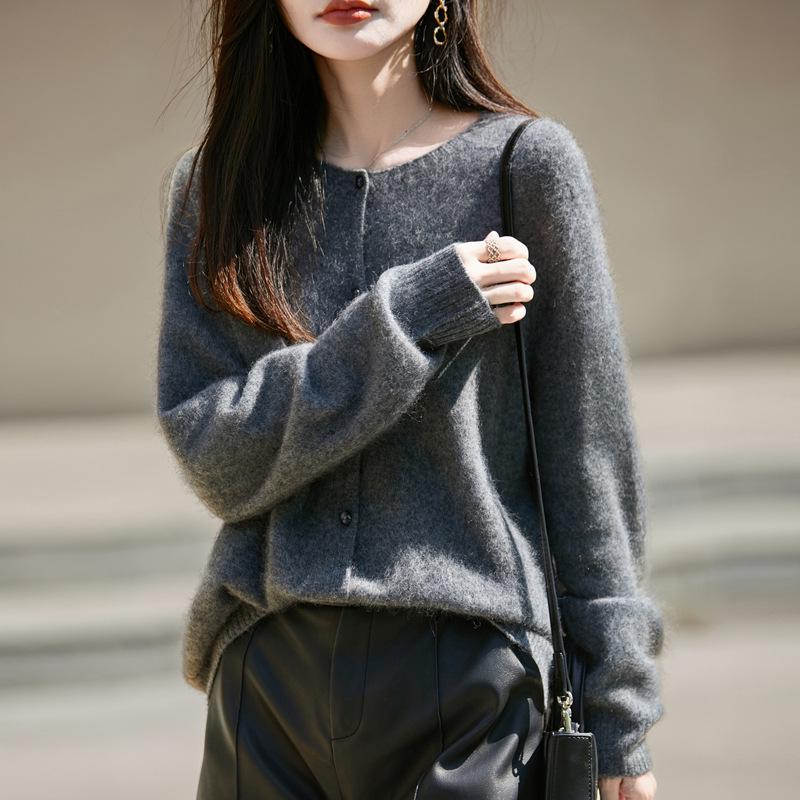 Women's Korean-Style Brushed Wool Cardigan - Round Neck, Chic Knit Outerwear Sweater, New for 2025.