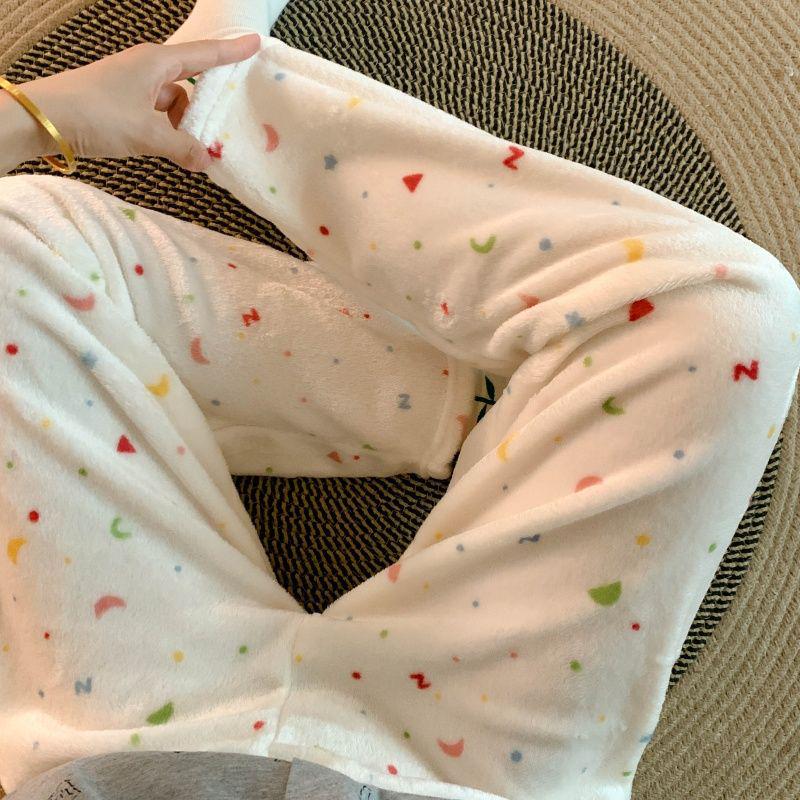 Korean Style Women's Cartoon Flannel Sleep Pants - Wearable Outdoors for Autumn and Winter 2025