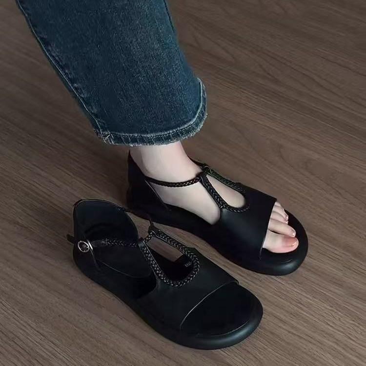 2025 Summer New Flat-soled Fashion Shoes Cowhide Sandals Open-toed Simple Soft-soled Commuter Sandals Korean Version Women's Shoes