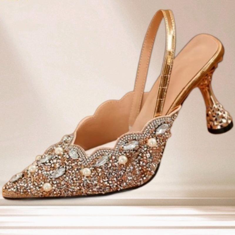 Dámské Sandály na Vysokém Podpatku s Kamínky Letní Dámské Sexy Lodičky s Otevřenou Patou a Špičatou Špičkou Módní Elegantní Společenské Boty na Podpatku