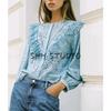 Fall New Women's Clothing French Style Laminated Decoration Cotton Cut Out Embroidered Crew Neck Long Sleeves Shirt 8741231
