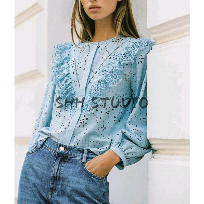 Fall New Women's Clothing French Style Laminated Decoration Cotton Cut Out Embroidered Crew Neck Long Sleeves Shirt 8741231