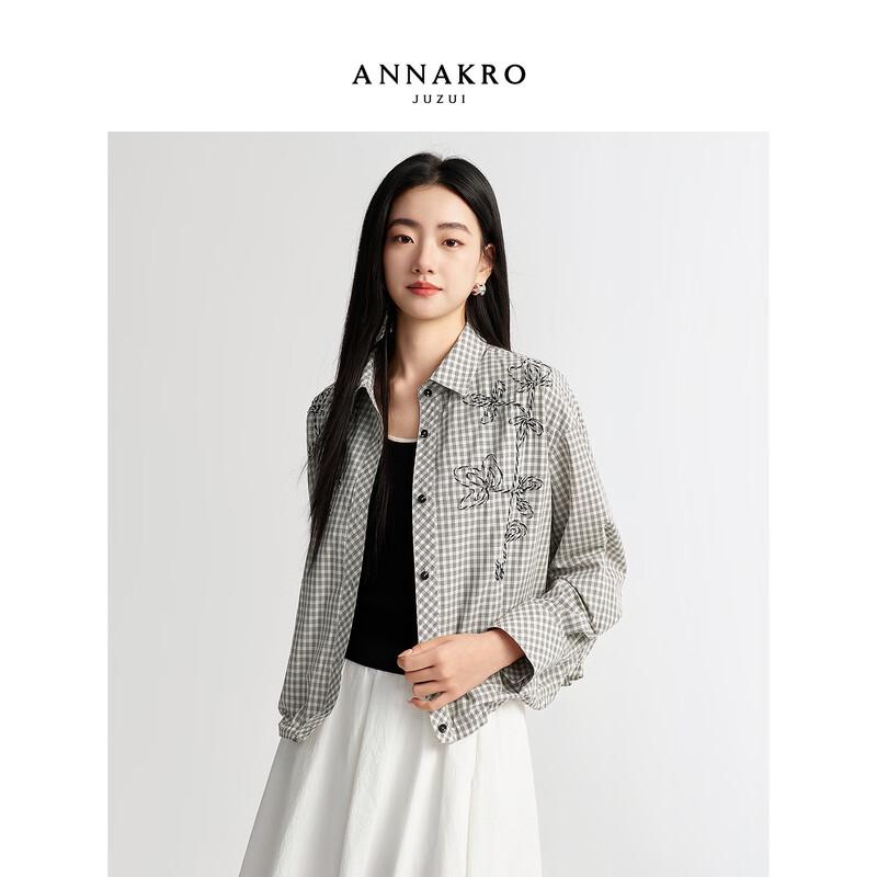 Women s Retro Plaid Jacket Shirt with 3D Floral Embellishment XL