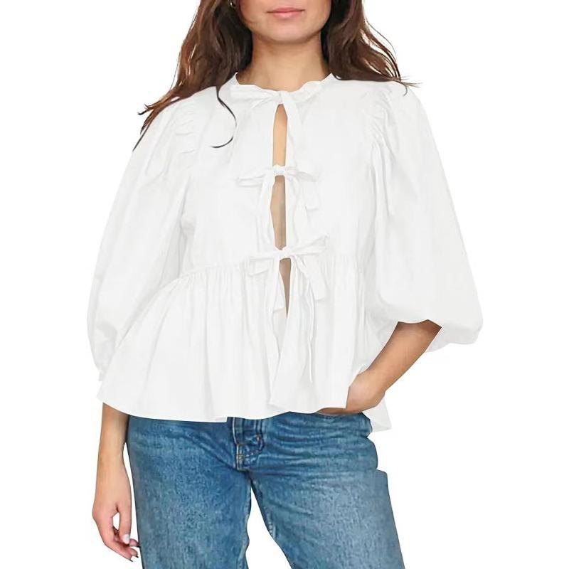 Spring and Summer Sweet and Casual Lace-up Striped Women's Blouses & Shirts