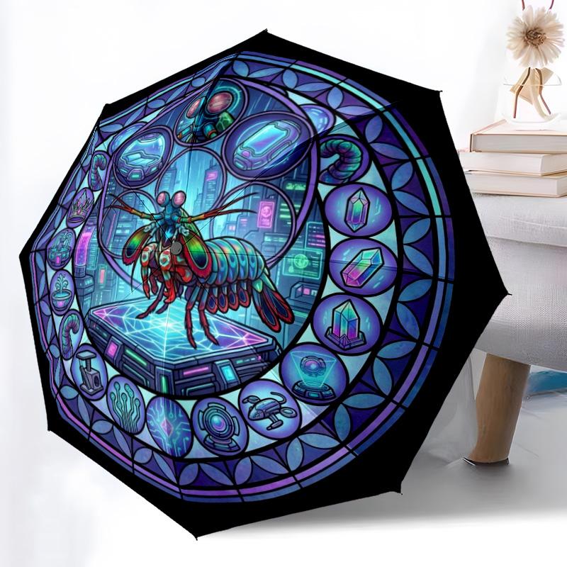 Cybernetic Mantis Glass pattern umbrella, portable and foldable design, 8 ribs, a casual accessory for Halloween, Christmas, and birthday gifts.
