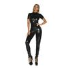 Sexy ženy Catsuit z umělé kůže PVC Latex Body Přední Zip Otevřený Rozkrok Kombinézy Stretch Bodystocking Erotické kostýmy
