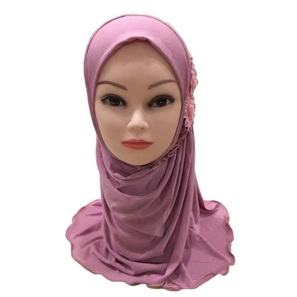 Elastic Children Hijabs Solid Flowers Head Islamic Scarf Shawls  2 To 7 Years Girls