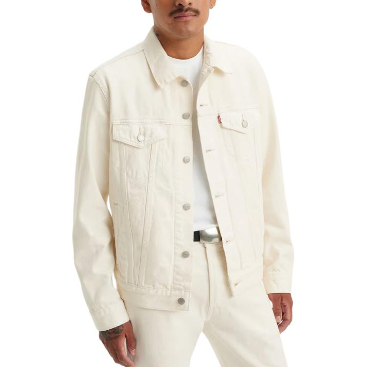 Bunda Levis Trucker Jednobarevná Klopa Jednořadé Zapínání Vypasovaná Dlouhý Rukáv Pánské bundy Bílá 72334-0433