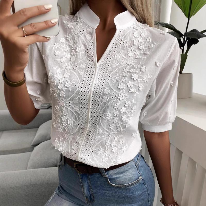 Women Embroidered Lace Stand Collar Short Sleeve Loose Blouse