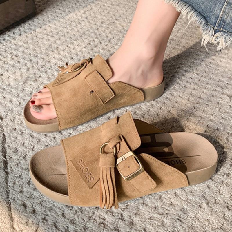 Fashion Korea Ladies 2025 Summer New Thick-Soled Retro Tassel Slip-On One-Strap Lazy Women's Outdoor Solid Soft-soled Sandals