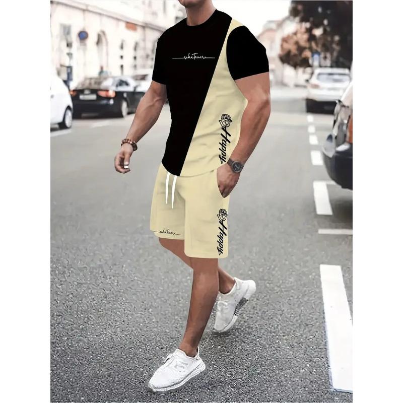 Ensemble Sportif Deux Pièces Imprimé 3D pour Homme T-shirt à Col Rond Couleur Dégradée Hauts à Manches Courtes Shorts Décontractés Fitness