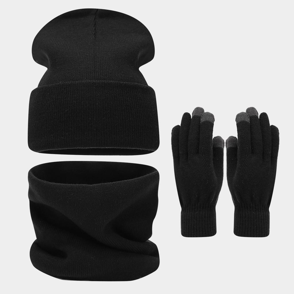 Winter Outdoor Big Head Pure Color Face Slimming Hat Scarf Gloves Set For Adults