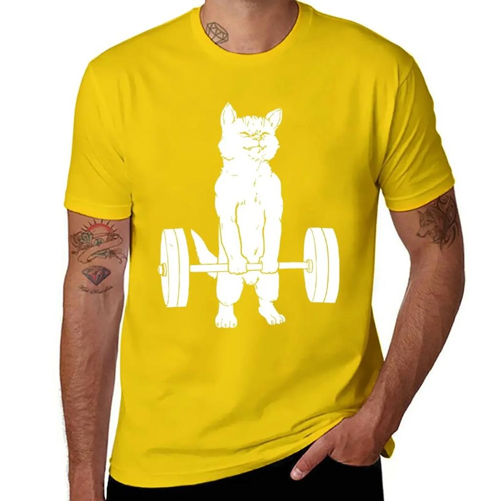 Gewichtheben Katze Kreuzheben Heben T-Shirt ästhetische Kleidung Sommer Oberteile Sportfans schlichte weiße T-Shirts Herren